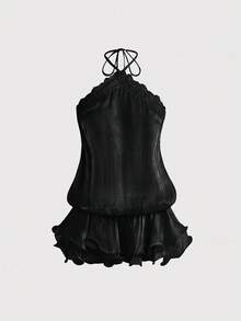 Sweetness Romantic Chiffon Halter Neck Lace Patchwork Lightweight Ruffle Hem Women's Mini Dress - Black - View 5