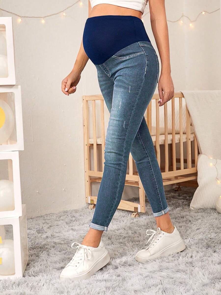 SHEIN 孕婦休閒水洗修身牛仔褲 - 深色水洗藍 - 查看 1