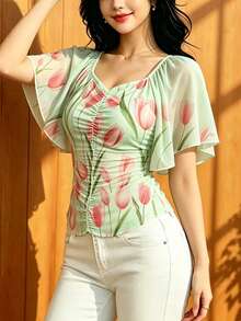 Modelyn 女款小碎花上衣，夏季時尚方領百褶飄逸袖設計，深綠色雪紡花卉圖案上衣，適合日常穿著 - 彩色 - 查看 3
