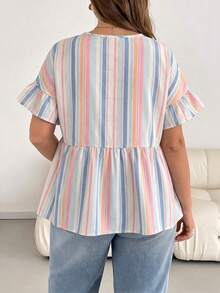 Shapeblank Women's Casual Colorblock Striped Print Plus Size Round Neck Ruffle Short Sleeve Blouse, Summer - White - View 2