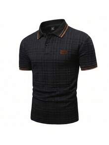 EGENSIO Men's Knitted Jacquard Solid Color Textured Collar Cuff Ribbed Two-Patch Black Patch Chest Patch Polo Shirt - Black - View 4