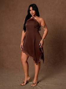 Rustia Plus Size Women Lace Patchwork Casual Party Halter Neck Dress - Coffee Brown - View 5