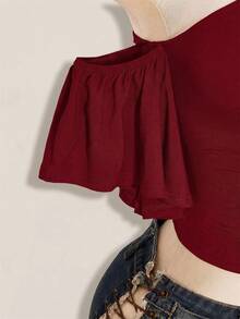 SHEIN ICON 女款素色不對稱領休閒百搭日常穿搭上衣 - 酒紅色 - 查看 11
