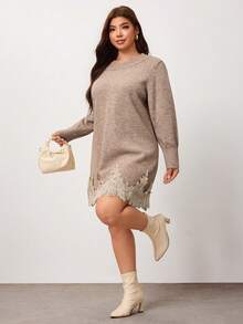 Enliva Plus Size Women's Contrast Lace Hem Round Neck Long Sleeve Knit Dress Winter - Apricot - View 5