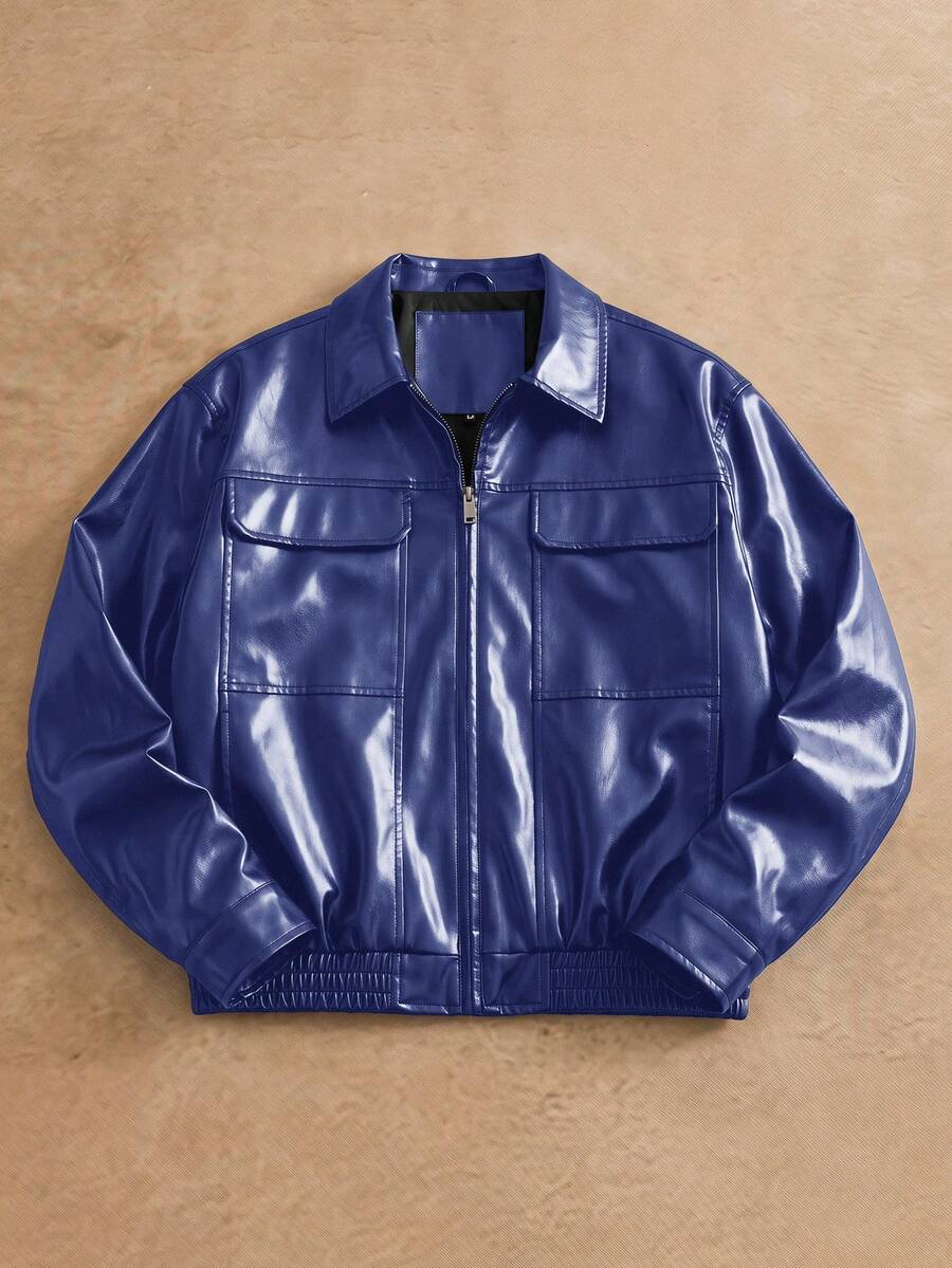 Manfinity RebelGame Men's Solid Color PU Leather Zipper Casual Versatile Daily Travel Long Sleeve Jacket - Navy Blue - View 1