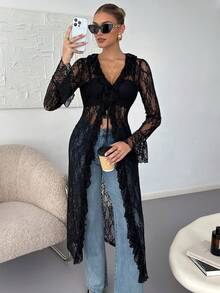 Lavishia Women's Elegant Sexy Long Lace Ruffle Top,Fall/All-Season Rave Renaissance Fair Hippie Music Festival Gyaru Party Lace Straps Ruffle Ribbon Long Coat - Black - View 8