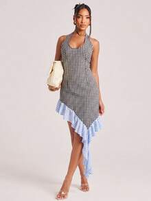 NYA SZN Dress Mini Length High Low Hem Ghingham Color Block Flounce Detail Ruffle Sleeveless Outfits For Women - Black and White - View 6