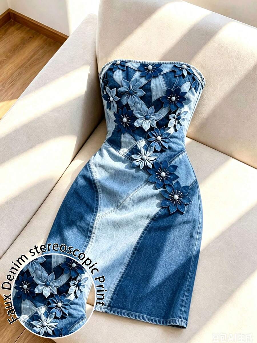 Resyla 女款重工刺繡 3D 花卉印花拼接牛仔抹胸洋裝,小眾辣妹風,收腰貼身迷你洋裝 - 白色 - 查看 1