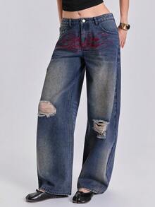 ROMWE Summer Autumn Winter Spring Street Casual Y2K Letter Contrast Color Embroidery Distressed Spray Paint Loose Straight Leg Curved Hem Jeans - Blue - View 4