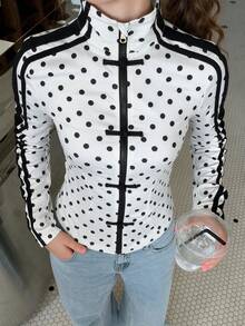 SHEIN Teen Girl Polka Dot Patchwork Casual Daily Long Sleeve Jacket - Black and White - View 3