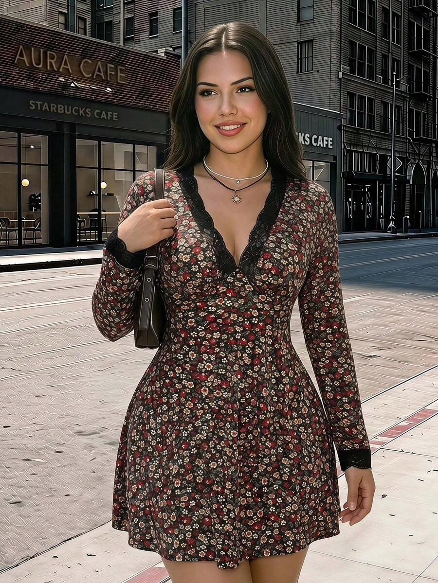 SHEIN ICON Plus Size Vintage 1960s Elegant Y2K Sexy V-Neck Lace Contrast Mesh Casual Floral Long Sleeve Dress Autumn Date Night Wedding Office Brown - Multicolor - View 1