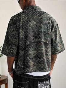 Manfinity EMRG 男士街頭風休閒刺繡寬鬆迷彩牛仔短袖襯衫 - 軍綠色 - 查看 2