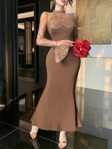 Dazy Tall Women's Elegant Satin Lace Patchwork Round Neck Long Sleeve Flare Sleeve Dress Fall Wedding Guest Dress Women - Brown - View 4