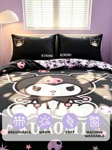 HELLO KITTY AND FRIENDS | SHEIN 三件套動物卡通印花被套，拋光材質，柔軟保暖，藍色被套，雙面圖案，多種尺寸可選，適用於單人床/雙人床/加大床，送禮佳品 - 黑紫色 - 查看 7