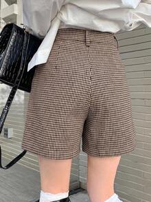 DAZY 女款高腰千鳥格羊毛直筒寬鬆休閒通勤街頭風短褲，秋冬款 - 棕色 - 查看 3