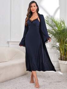 Côtesoire Lace Trim Slip Sleep Dress & Belted Robe Pajama Set, Fall Winter Clothes Cozy And Elegant Details - Navy Blue - View 3