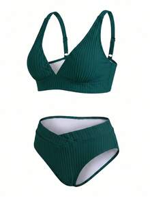 Voyashape Women V-Neck Textured Striped Tankini Swimwear Set For Summer Beach Vacation - Teal Blue - View 3