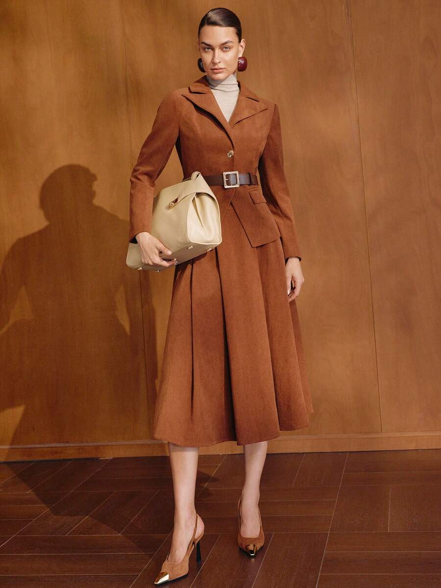 MOTF PREMIUM WOMEN'S AUTUMN/WINTER CORDUROY SOLID COLOR FOLD PLEATED SKIRT - Brown - View 1