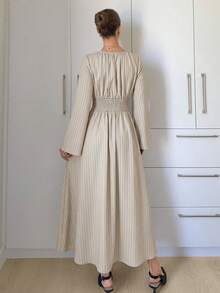 Siren Gaze Women's Striped Round Neck Long Sleeve Drawstring Waist Casual Long Dress - Apricot - View 2