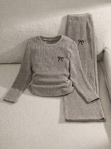 2pcs/Set Young Girl Bow Pattern Ribbed Long Sleeve Top And Loose Fit Pant - Apricot - View 1