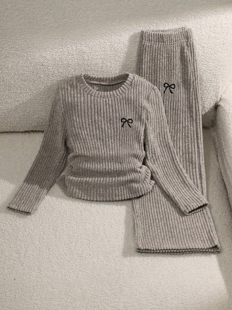 2pcs/Set Young Girl Bow Pattern Ribbed Long Sleeve Top And Loose Fit Pant - Apricot - View 1