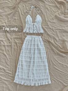 Soleia White Summer Textured Backless Tank Top For Women,Adjustable Straps Chiffon Lace Off The Shoulder Western Top No Chest Padding - White - View 2