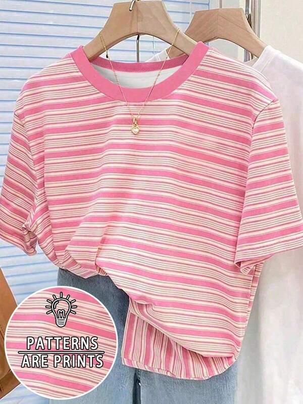 Resyla Vintage Colorful Striped Women Short Sleeve T-Shirt, Casual Round Neck Top For Summer