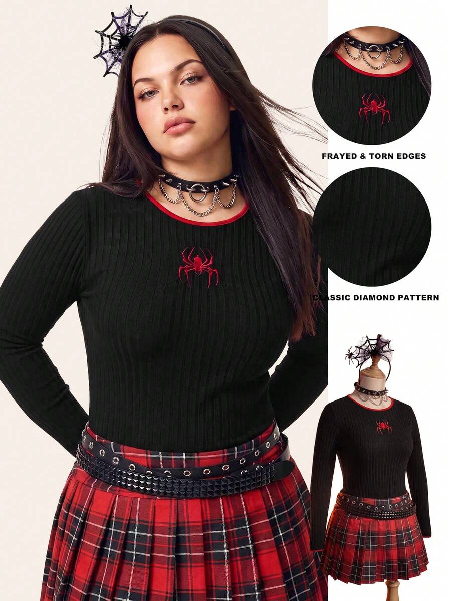 Comfortcana Plus Size Women Spider Embroidery Round Neck Long Sleeve Casual Bodysuit - Black - View 1