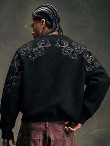 AXEPEAK American Vintage Back Embroidered Collar Pullover Sweater For Men - Black - View 1