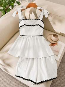 Story & Sage Women's Casual Home & Vacation 2-Piece Set, Spring/Summer Tie-Up Bow Camisole Top With Contrast Lace Trim, Apricot Color - White - View 3
