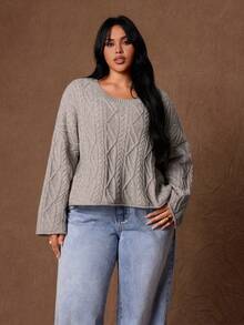 Rustia Sweater Pullover Leher Bulat Rajut Kabel Model Tali Kepang Ukuran Besar untuk Wanita, Cocok untuk Pemakaian Sehari-hari, Bepergian, dan Pakaian Rumah di Musim Dingin - Unta - View 1