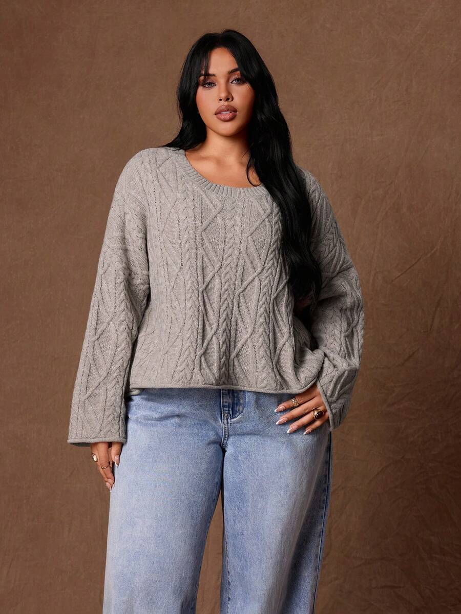 Rustia Sweater Pullover Leher Bulat Rajut Kabel Model Tali Kepang Ukuran Besar untuk Wanita, Cocok untuk Pemakaian Sehari-hari, Bepergian, dan Pakaian Rumah di Musim Dingin - Unta - View 1
