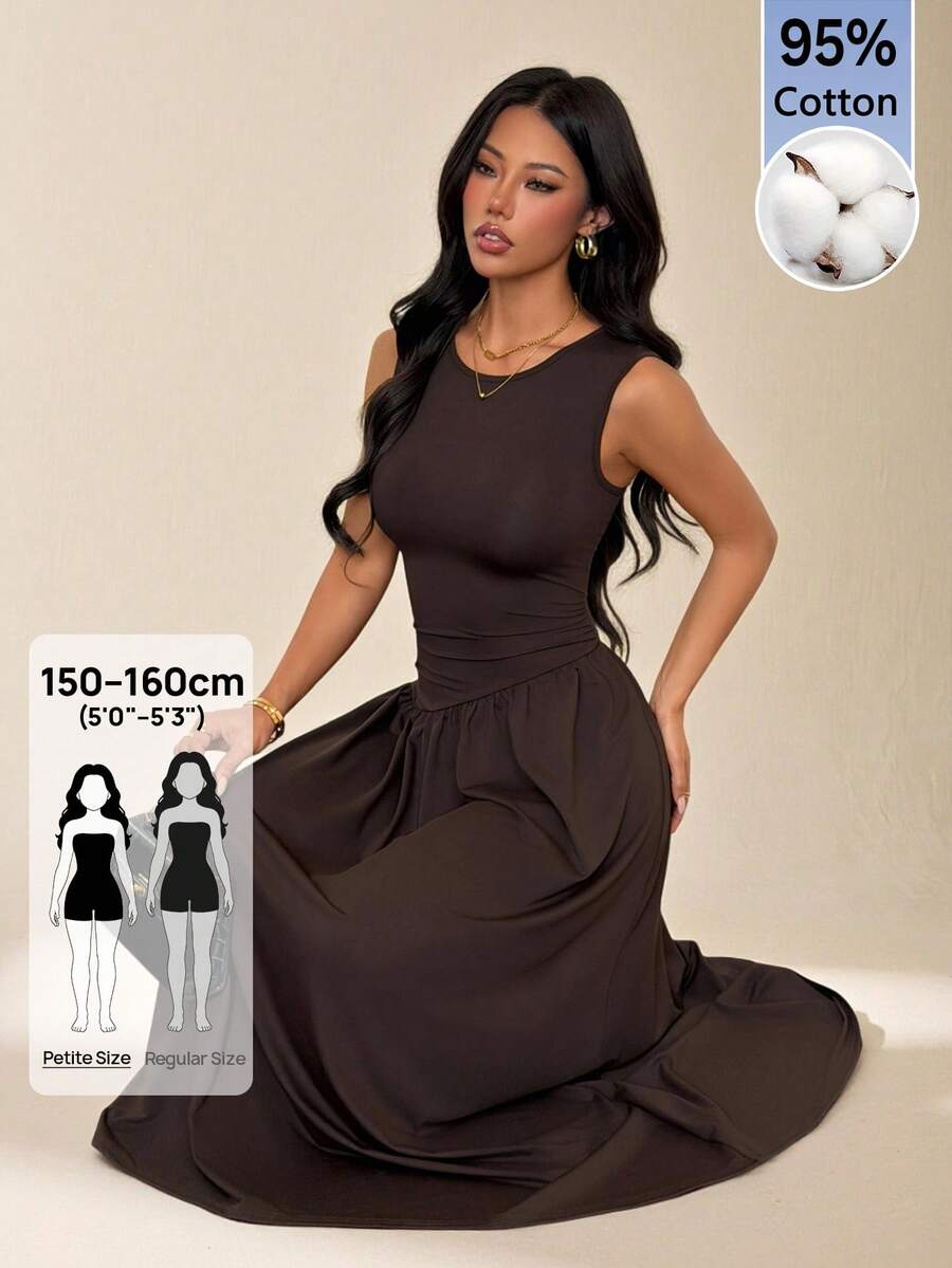 SHEIN PETITE 女款休閒日常通勤極簡純色無袖百褶腰傘擺洋裝,夏季生日巧克力棕色洋裝,棕色洋裝,優雅棕色洋裝,棕色婚禮賓客洋裝,棕色長洋裝,棕色正式洋裝,女款棕色洋裝 - 棕色 - 查看 1