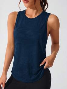 SHEIN Sports 女款運動休閒瑜伽戶外健身無袖寬版背心上衣，X交叉網眼後背、倒V下擺，海軍藍，夏季 - 藏蓝色 - 查看 5