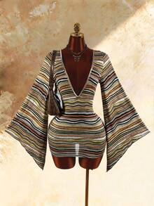 Amplova Women's Deep V-Neck Back Beaded Flare Sleeve Striped Sexy Mini Dress - Brown - View 2