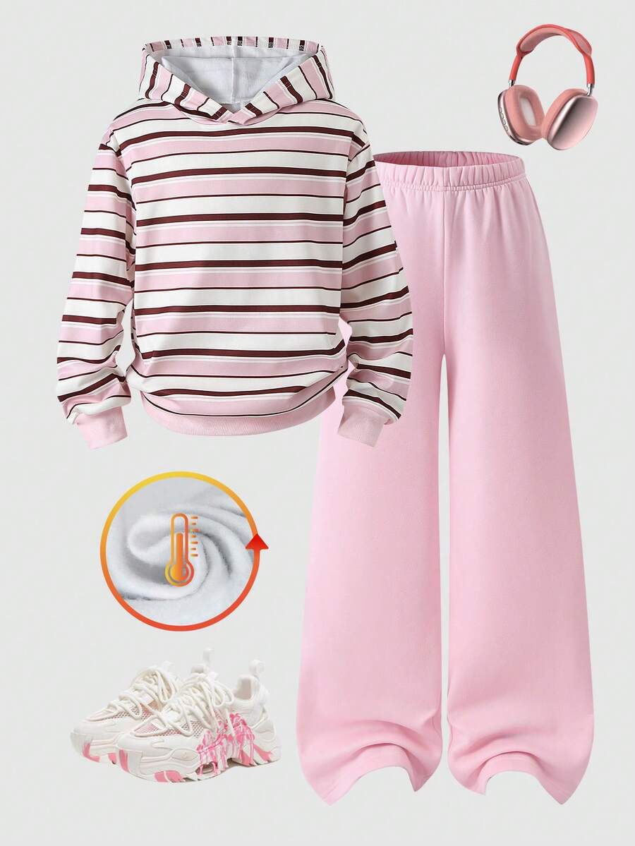 Tween Girl Striped Long Sleeve Hoodie And Pants Casual Set - Pink - View 1
