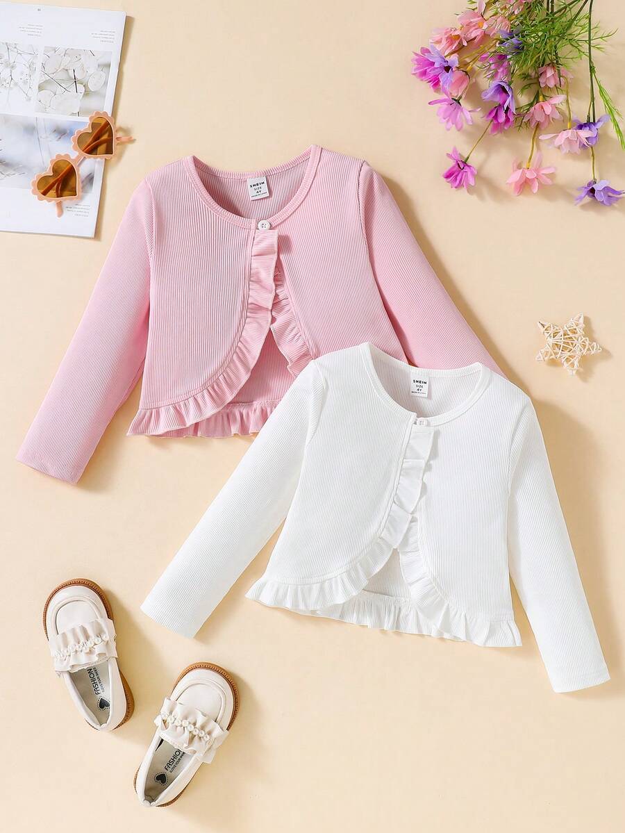 SHEIN Genkimix Kids 2pcs/Pack Young Girl Plain Solid Color Long Sleeve Knitted Cardigan,Minimalist Style Multi-Pack,Suitable For Casual Everyday Wear In Spring And Summer - Multicolor - View 1