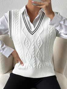 SHEIN PariChic 女款條紋V領休閒百搭針織背心 - 白色 - 查看 1