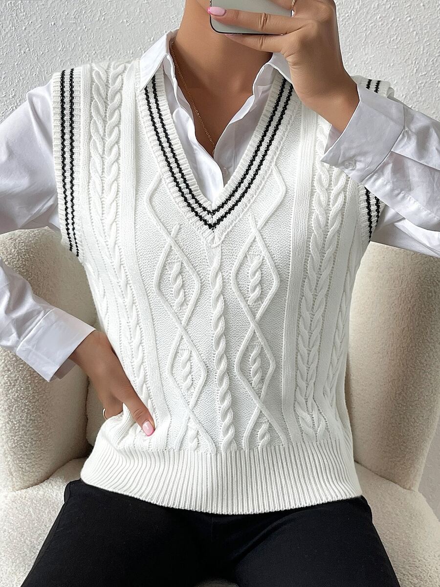 SHEIN PariChic 女款條紋V領休閒百搭針織背心 - 白色 - 查看 1