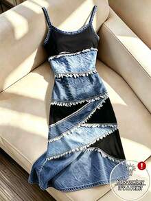 SHEIN Franclia Gaun Camisole Panjang Bermotif untuk Wanita, Cocok untuk Perjalanan Santai di Musim Gugur - Hitam - View 1
