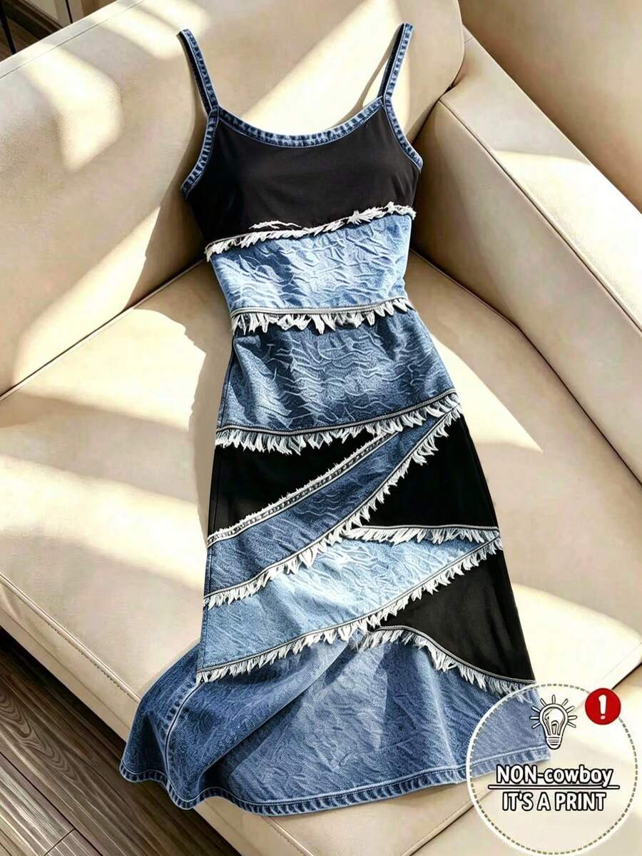 SHEIN Franclia Gaun Camisole Panjang Bermotif untuk Wanita, Cocok untuk Perjalanan Santai di Musim Gugur - Hitam - View 1