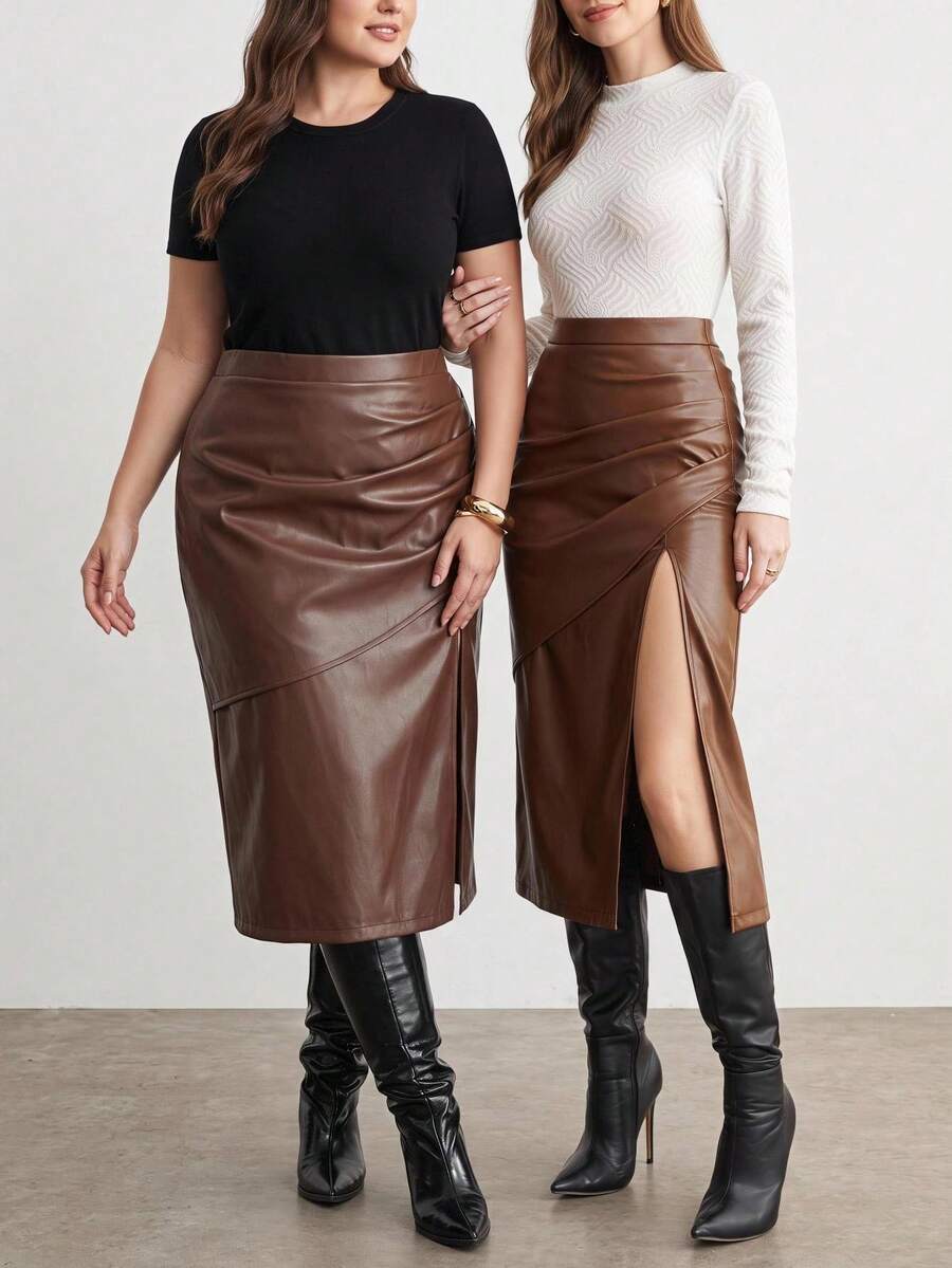 Maija Plus Size Fashion Street Style Ruched Front Slit PU Skirt Fall - Brown - View 1