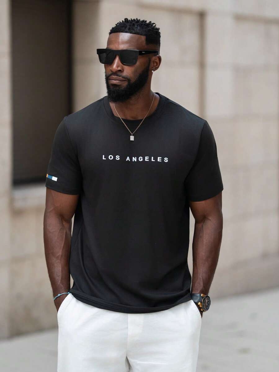 thenoahjr thenoahjr Camiseta Casual De Manga Corta Para Hombre Con Estampado De Texto Y Cuello Redondo - Negro - Ver 1