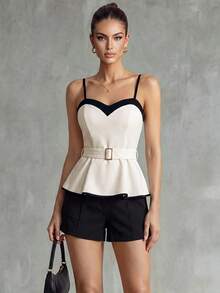 SHEIN Franclia 2pcs Women's Spaghetti Strap Top And Pants Set,Elegant Black And White Contrast Color,Buckle Decoration,Waist Belt Design,Summer Party New Arrival - Black and White - View 3