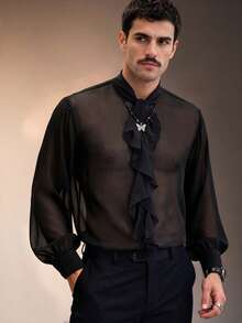 ZURIURI Men's Elegant Sexy Casual Long Sleeve Shirt With Tie Ribbon Rave Concert Black Autumn - Black - View 6