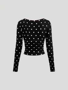 Sweetra Women's New Spring Summer Autumn Winter Black Polka Dot Fabric Colorblock Patchwork Design Bow Decor Cute 2 Pieces Set Suitable For Outings Shopping Dining - Black and White - View 11