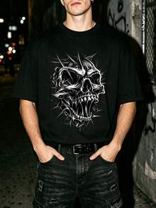 Manfinity Dauomo Halloween Spiky Thorns Screaming Skull Graphic T-Shirt, Heavy Metal Gothic Dark Punk Black And White Tee. Suitable For Concert Rave Streetwear - Black - View 4