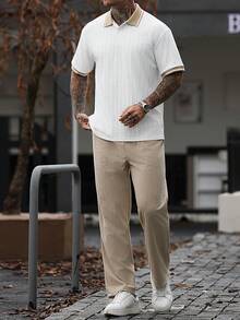 Manfinity CasualCool 男士休閒時尚拼接短袖 Polo 衫套裝，外出必備，適合送給家人與男友的禮物 - 卡其色 - 查看 3