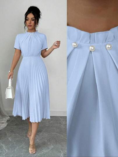 Elenzga Women's Spring/Summer Elegant Apricot Pearl Design Ruffle Collar Pleated Waist Fitted Long Dress