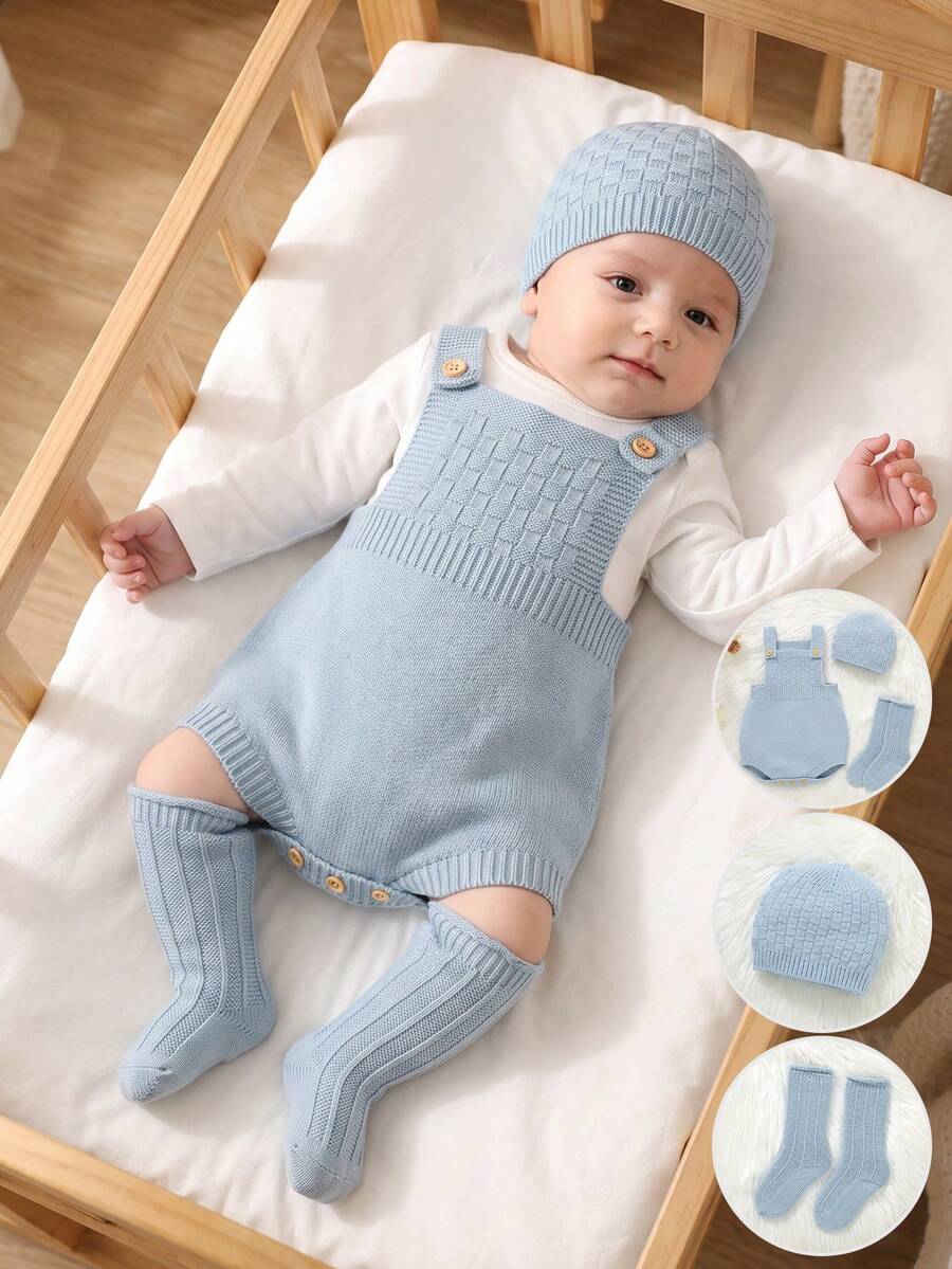 SHEIN Vintaside Kids 新生兒秋冬休閒針織連身衣 - 淺藍色 - 查看 1